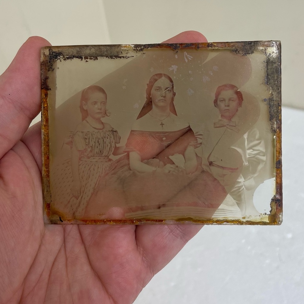 Antique Glass Plate Negative Mother And Young Children